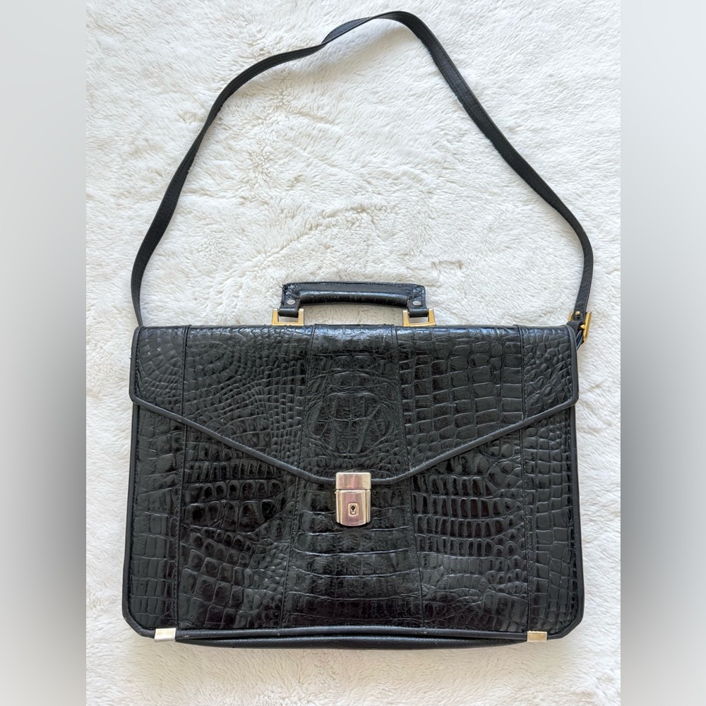 Vintage unisex black suitcase alligator skin